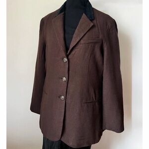 Vintage Brown Wool Blend Blazer Velvet Collar 90s Tailored Jacket S/M